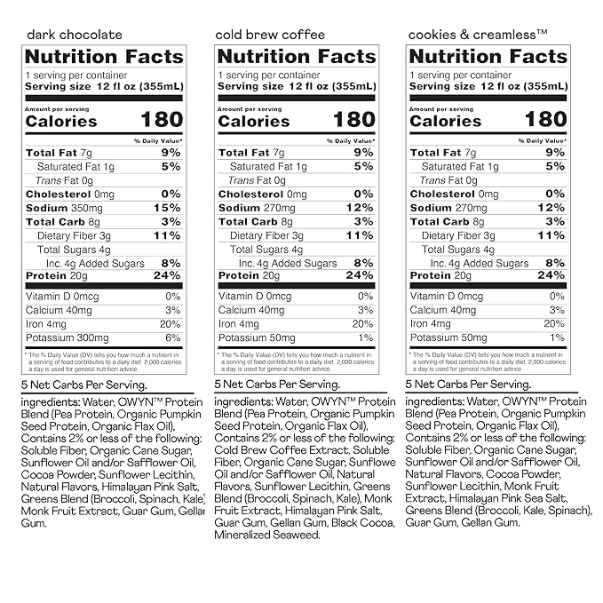 OWYN Only What You Need Plant Based Protein Shake, 20g Vegan Protein from Organic Pumpkin Seed, Flax, Pea Blend, Prebiotic Supplement, Superfood Greens, Gluten & Soy-Free (Variety Pack, 12 Pack)