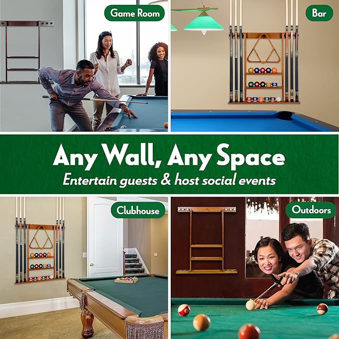 Iszy Billiards Pool Cue Rack - Billiard Pool Stick and Ball Holder Only - 100% Wood Wall Mount Holds 6 Cues and 16 Balls - Pool Table Accessories, Oak