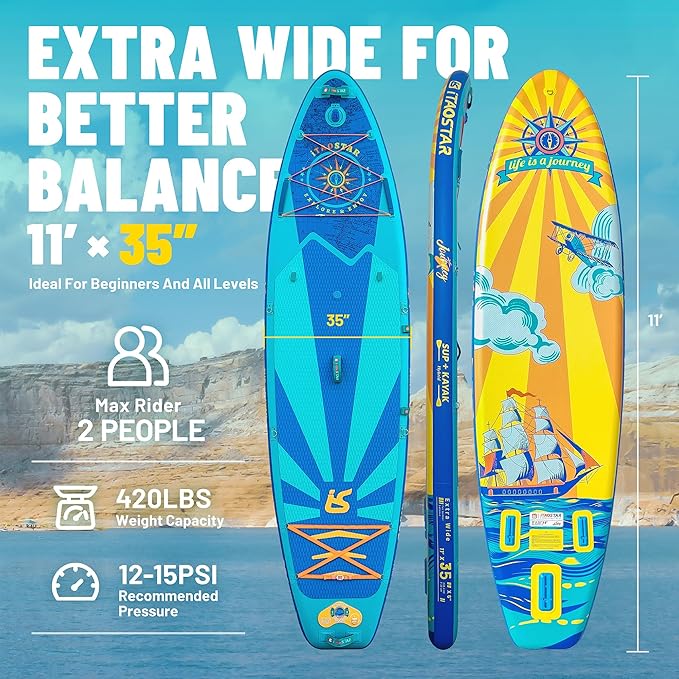 Journey 11'6" / 11'×34" / 11'×35" Extra Wide Paddle Board, One-Stop Premium SUP Board Accessories, Tailored Fins, Stable Inflatable Stand Up Paddle Boards for Youth/Adults of All Skill Levels