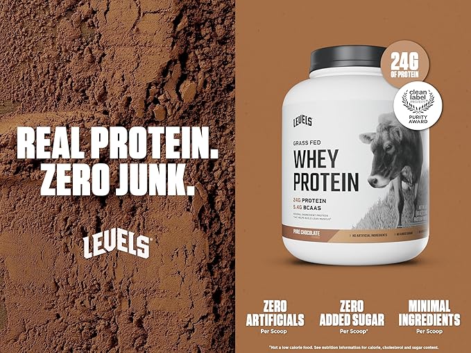 Levels Grass Fed Whey Protein Powder, No Artificials, 24G of Protein, Pure Chocolate, 5LB