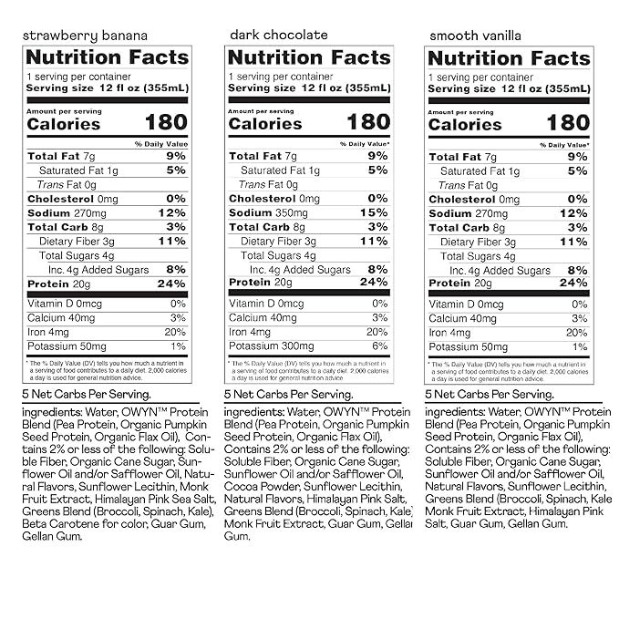 OWYN Only What You Need Protein Shake, 20g Vegan Protein, Ready to Drink, Dairy Free, Great Taste, 4g Sugar, 5g Net Carbs, Strawberry Banana Variety Pack, 12 Fl Oz (12 Pack)