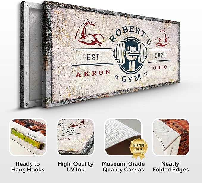 Tailored Canvases Personalized Gym Sign Wall Art Decor - Motivational Canvas for Home Gym, Workout Room, Garage, Fitness Center - Workout Inspirational Posters - One Hand with Dumbbell on Rustic, 20x10in