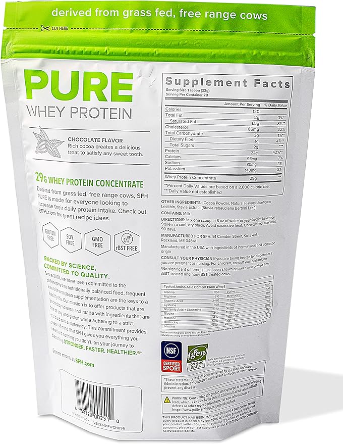 SFH Pure Whey Protein Powder (Chocolate) Best Tasting Grass Fed Whey | All Natural | Non-GMO, No Artificials, Soy Free, Gluten Free | (Chocolate, 31.6 Ounce (Pack of 1)