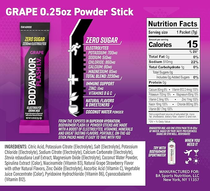 BODYARMOR Flash IV Electrolyte Packets, Grape - Zero Sugar Drink Mix, Single Serve Packs, Coconut Water Powder (6 Count)