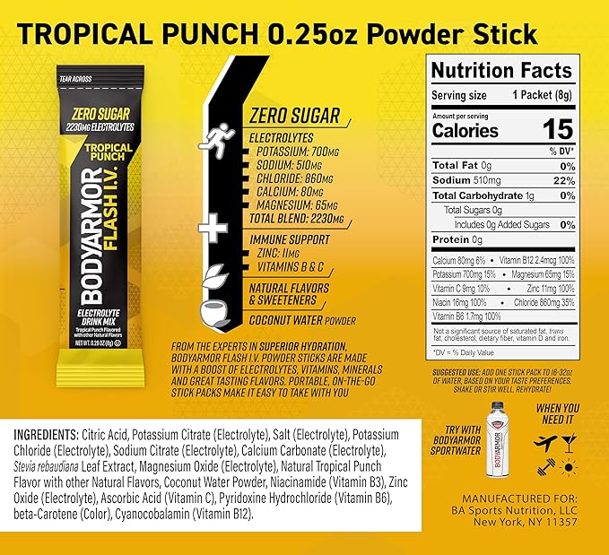 BODYARMOR Flash IV Electrolyte Packets, Tropical Punch - Zero Sugar Drink Mix, Single Serve Packs, Coconut Water Powder (6 Count)