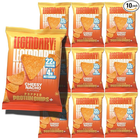Legendary Foods Cheesy Nacho Protein Chips – Popped Tortilla Style – 22g High Protein, 4g Net Carbs, Low Sugar, Gluten Free, Keto Snack Packs – 10 Count – Healthy Crunchy Chips