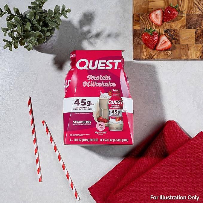 Quest Nutrition Strawberry Protein Shake, 45g Protein, 2g Sugar, 4g Net Carbs, Ready to Drink, Gluten Free, 4 Count