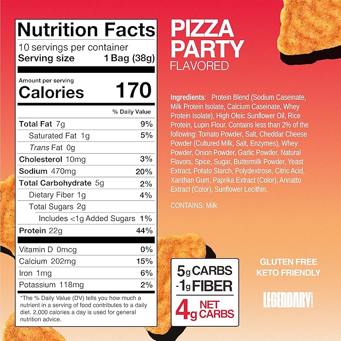 Legendary Foods Pizza Party Protein Chips – Popped Tortilla Style – 22g High Protein, 4g Net Carbs, Low Sugar, Gluten Free, Keto Snack Packs – 10 Count – Healthy Crunchy Chips