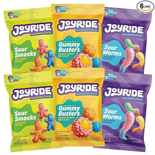JOYRIDE Innovative Variety 6 Pack - Gummy Busters, Sour Smacks, Sour Worms, Low Calorie Gummy Candy, Low Sugar, Dye Free (6 Items)