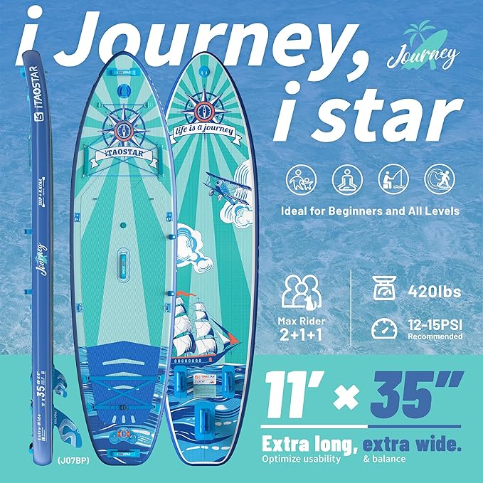 Journey 11'6" / 11'×34" / 11'×35" Extra Wide Paddle Board, One-Stop Premium SUP Board Accessories, Tailored Fins, Stable Inflatable Stand Up Paddle Boards for Youth/Adults of All Skill Levels