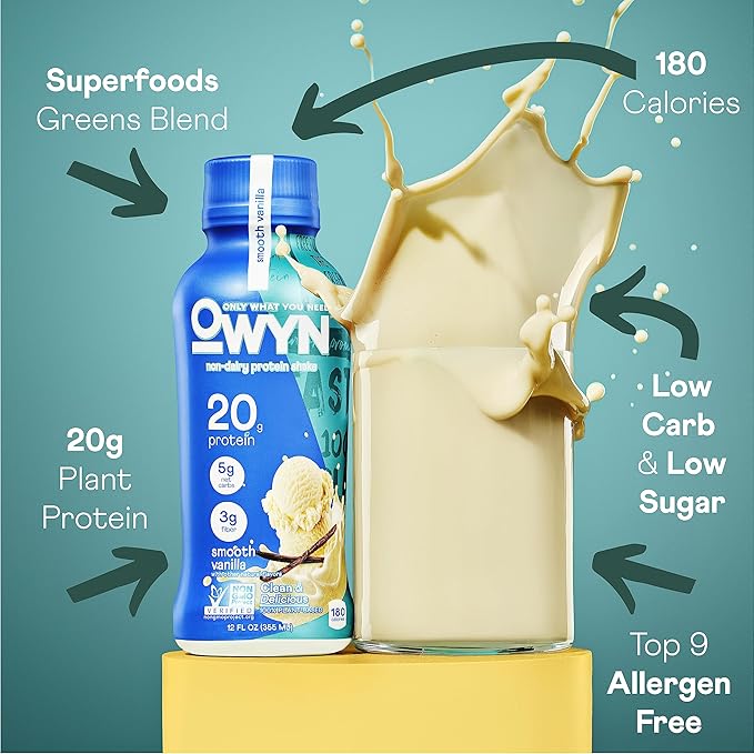 OWYN Only What You Need Plant Based Protein Shake, 20g Vegan Protein from Organic Pumpkin seed, Flax, Pea Blend, Prebiotic supplement, Superfood Greens, all-in-one nutrition, Gluten & Soy-Free (Vanilla, 12 Pack)