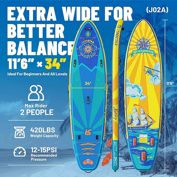 Journey 11'6" / 11'×34" / 11'×35" Extra Wide Paddle Board, One-Stop Premium SUP Board Accessories, Tailored Fins, Stable Inflatable Stand Up Paddle Boards for Youth/Adults of All Skill Levels