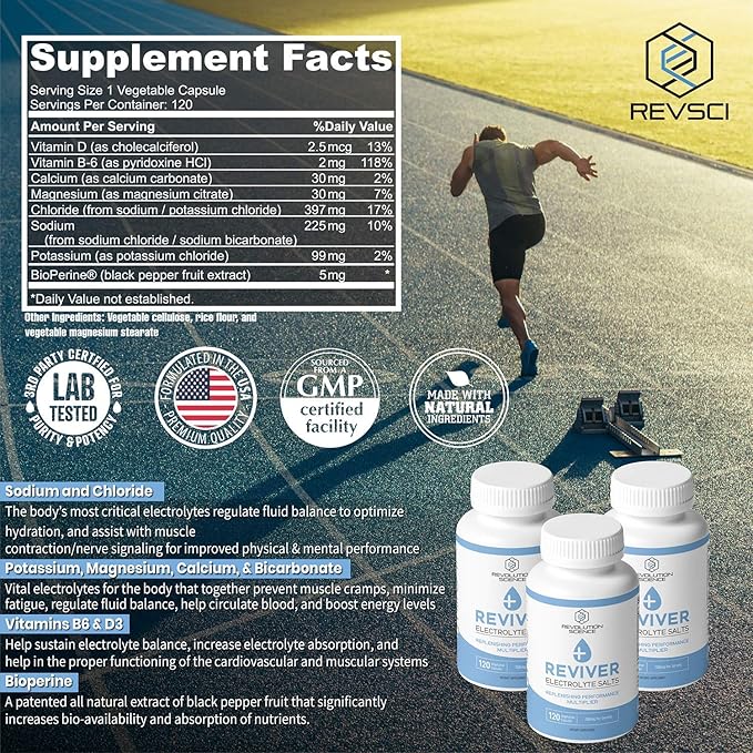 REVIVER Superior Absorption Electrolyte Pills - Salt Tablets for Runners & Fasting Electrolytes Supplement, Sugar-Free Salt Pills for Hydration, Cramp Defense, Keto Support 120, Electrolyte Capsules