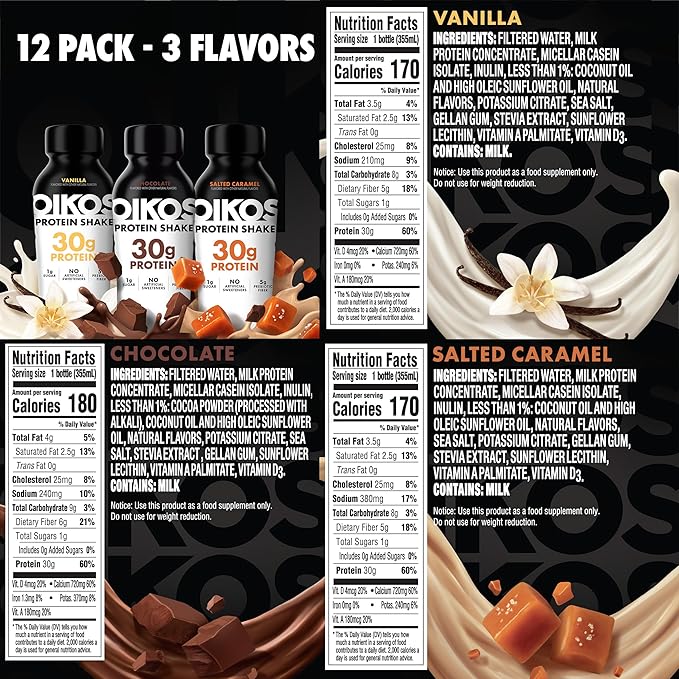 Oikos Protein Shake, Exclusive Variety Pack, 30g High Protein Drinks, Shelf Stable, Ready to Drink, 5g Prebiotic Fiber, 12 fl oz Bottle (4 ct Chocolate, 4 ct Vanilla, 4 ct Salted Caramel)