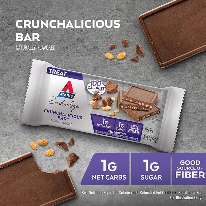 Atkins Endulge, Crunchalicious Bar, 1g Net Carbs, 1g Sugar, Good Source of Fiber, 5 Count (Pack of 8)