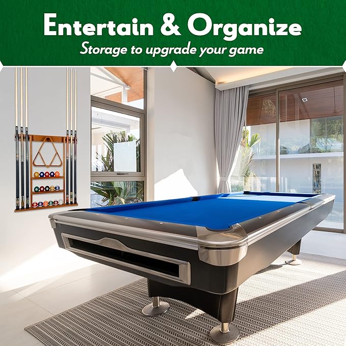 Iszy Billiards Pool Cue Rack - Billiard Pool Stick and Ball Holder Only - 100% Wood Wall Mount Holds 6 Cues and 16 Balls - Pool Table Accessories, Mahogany