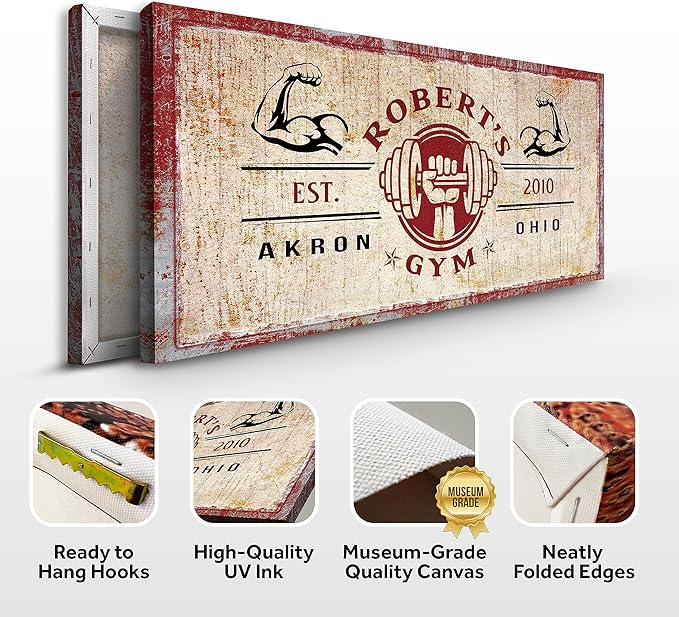 Tailored Canvases Personalized Gym Sign Wall Art Decor - Motivational Canvas for Home Gym, Workout Room, Garage, Fitness Center - Workout Inspirational Posters - One Hand Dumbbell on Rustic Red, 20x10in